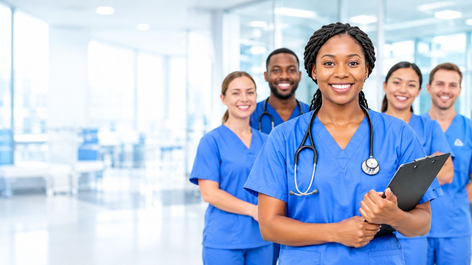 Smiling healthcare team in blue scrubs