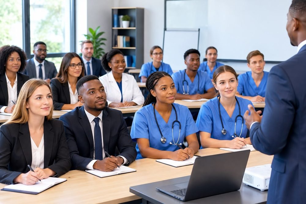 Healthcare and business professionals attending a group training session